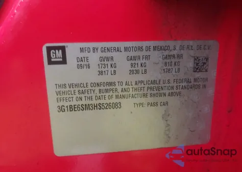 2017 Chevrolet Cruze Lt Auto from USA, damaged, VIN 3G1BE6SM3HS526083